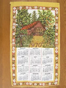 Vintage 1970 Leinen Kalender Geschirrtuch bedeckt Brücke senf, grün geblümt 26x15 - Bild 1 von 4