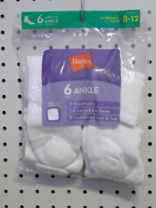 6 pair Womens Ladies Hanes White Cushion Ankle Socks Extended Size 8-12