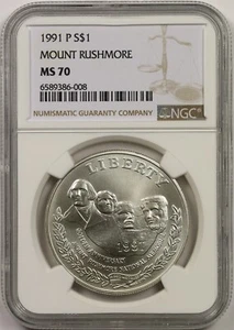 1991-P Mount Rushmore $1 NGC MS 70 Modern Commemorative Silver Dollar - Picture 1 of 4