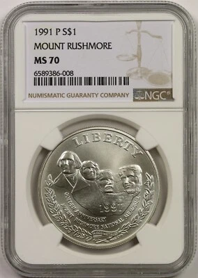1991-P Mount Rushmore $1 NGC MS 70 Modern Commemorative Silver Dollar  - Image 1 of 4