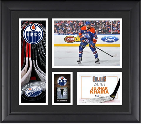 Jujhar Khaira Edmonton Oilers Framed 15x17 Collage w/a Piece of GU Puck Cover