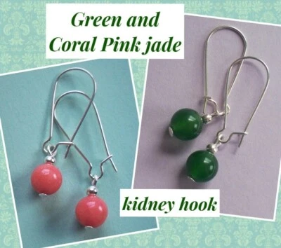 GREEN or CORAL "peachy pink" JADE Kidney Wire drop earrings handcrafted CHOOSE - Image 1 of 4