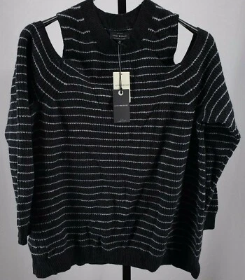 LUCKY BRAND  Womens Plus 1X Open Shoulder Striped Sweater Black Gray NEW - Image 1 of 4