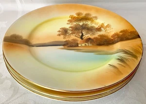 3 CLASSIC NORITAKE TREE IN THE MEADOW WATERSIDE SCENE SALAD PLATES, RED "M" MARK - Picture 1 of 10