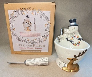 Fitz and Floyd Footed Bowl with Spreader Wintry Woods Snowman Collection White - Picture 1 of 17