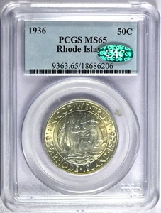 1936 PCGS MS65 Rhode Island Classic Silver Commemorative Half w/Green CAC Label - Picture 1 of 2