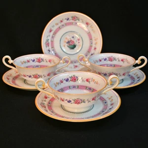 Royal Doulton 3 Cream Soups & 4 Saucers Urn Pink Bands Yellow Trim HP 1922-1931 - Picture 1 of 24