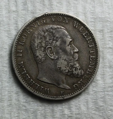 ALEMANIA WURTEMBERG 1911-F MONEDA DE PLATA DE 3 MARCOS .900 ~ GUILLERMO II ~ ACUÑACIÓN INFERIOR Foto 1 de 2