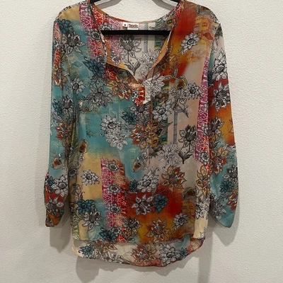 Tianello Women's Medium Multi Floral Long Sleeve Tab Pullover Silk Bohemian - Image 1 of 4