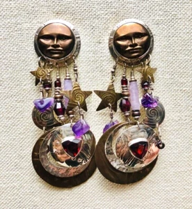 Tabra Bronze Moon Face Stars Sterling Moons Garnet Amethyst Chandelier Earrings - Picture 1 of 3