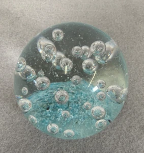 Paperweight Blue with Air Bubbles Art Glass Orb Ball Round - Picture 1 of 6