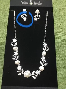 Modeschmuck Silber Perle Diamanté Halskette Ohrringe Set DIAMANT FEHLT - Bild 1 von 6