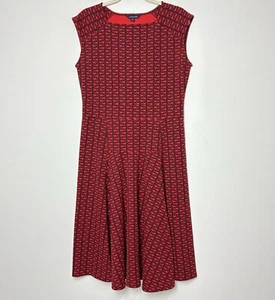 Lands End Ponte Knit Red Dress Size M 10/12 Cap Sleeve Pullover Geometric Print - Picture 1 of 8
