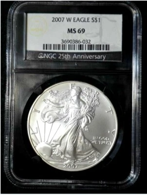 W Silver Eagle NGC MS69 2007 - West Point *Etiqueta 25 aniversario - Soporte escaso Foto 1 de 4