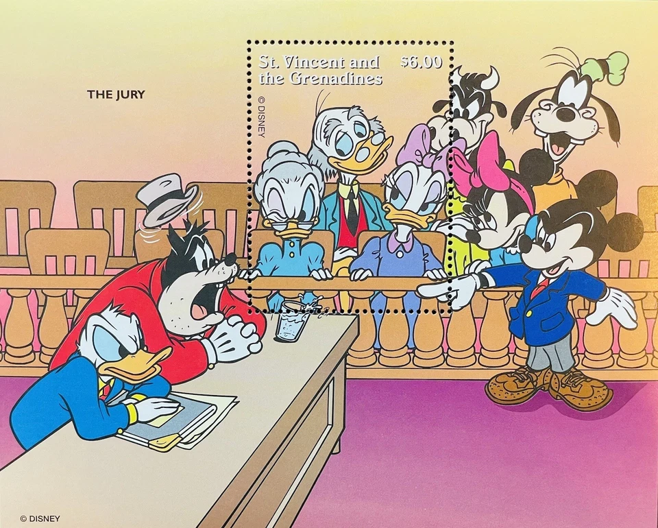 SELOS JÚRI PERSONAGENS DE ST VINCENT DISNEY NO TRABALHO LEI E ORDEM SS 1996 MNH - Imagem 1 de 1
