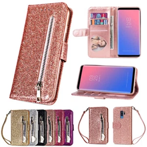 Glitter Wallet Case Zip Card Flip Cover for Samsung Galaxy S10e/S9+/S8+/S7 Edge - Picture 1 of 28