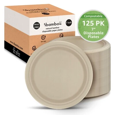 Ibambo Bamboo Disposable Paper Plates - 7 Inch, 125 Pack, Compostable Plates