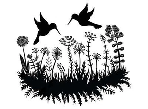 Hummingbird Flower Garden 2 pcs 4 Inch Black Fused Glass Decals - Picture 1 of 1