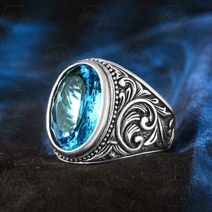 925 Sterling Silver Aquamarine Stone Engraved Turkish Handmade Men's Ring - Picture 1 of 3