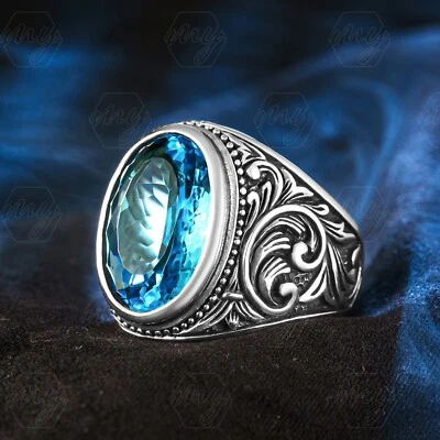 Anillo para hombre hecho a mano turco grabado en piedra aguamarina de plata de ley 925 Foto 1 de 3