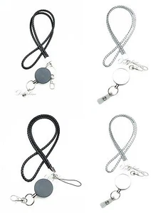 Braided Leather Lanyard with Metal Retractable Badge Reel key ring, black/silver - Picture 1 of 31