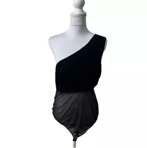 Giorgio Armani 1990's Black One Shoulder Velvet Bodysuit Sheer Middle Large - Picture 1 of 10