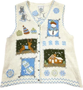 Suéter Chaleco Vintage Navidad Mujer Grande Blanco Muñeco de Nieve Invierno Ciervo Botón Y2K - Imagen 1 de 11