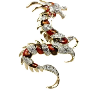 Dragon Fashion Pin Red & White on gold tone alloy with multi-faceted rhinestones - Picture 1 of 9