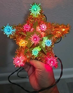 Vintage Eleven Multicolor Lights Gold Tinsel Christmas tree topper 8" - Picture 1 of 6