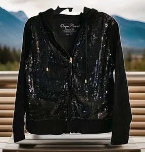 Onque Hooded Black Velour Sequins Zipper Jacket,woman's Sz M. C 32 - Picture 1 of 7