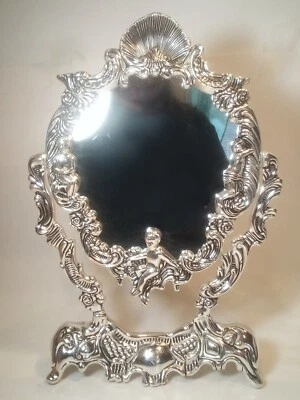 Heritage Mint Silver Metal Dresser Vanity Swing Mirror Cherubs 12.5" - Image 1 of 4