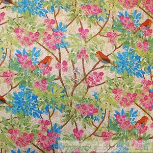 BonEful Fabric FQ Cotton Quilt Green Leaf Tree Blue Red Robin Bird Flower Spring - Picture 1 of 14