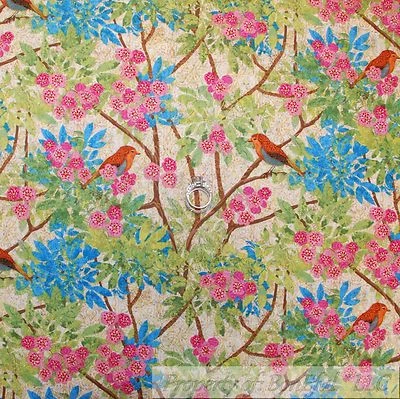 BonEful Fabric FQ Cotton Quilt Green Leaf Tree Blue Red Robin Bird Flower Spring - Image 1 of 4