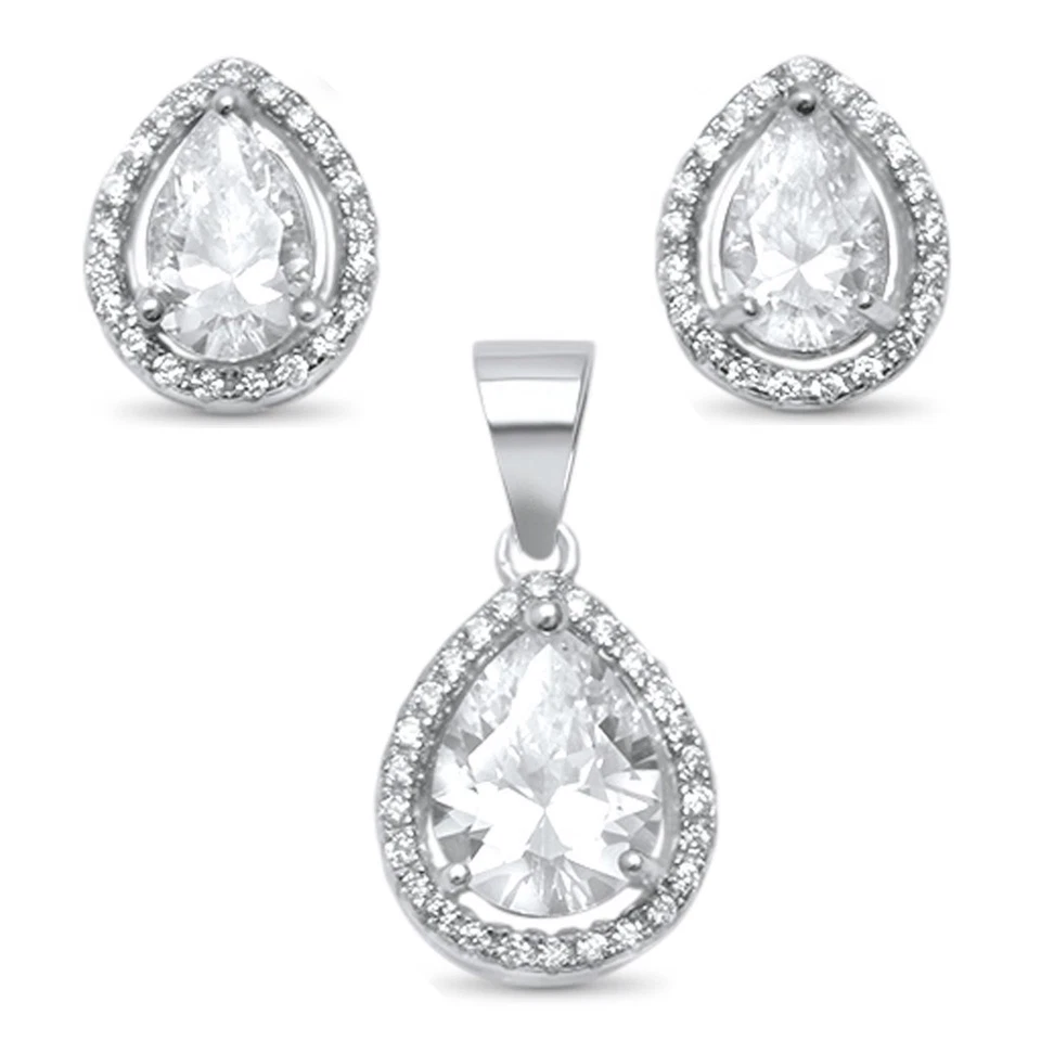 Pear Tear Drop Halo Solitaire .925 Sterling Silver Earring and Pendant Set - Image 1 of 2