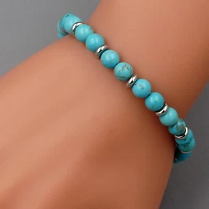 Men Blue Turquoise Natural Stone Stainless Steel Chain Bangle Bracelet 20150 - Picture 1 of 6