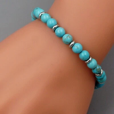 Men Blue Turquoise Natural Stone Stainless Steel Chain Bangle Bracelet 20150 - Image 1 of 4