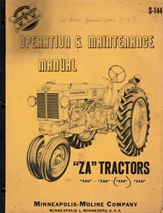 MINNEAPOLIS MOLINE ZA OPERACIÓN TRACTOR MAINTE S-144 MANUAL 1952 zau zas zae zan - Imagen 1 de 7