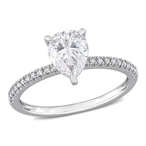 AMOUR 1 1/4 CT DEW Pear Shape Created Moissanite and 1/10 CT TW Diamond - Picture 1 of 5