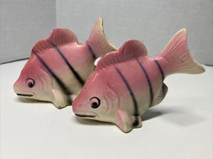 Vintage Pink Gray Striped Fish Salt Pepper Shaker Set Japan w/ Corks - Picture 1 of 7