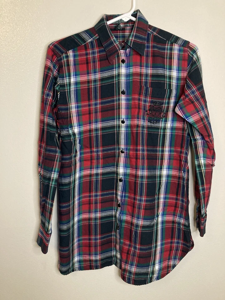 Lauren Ralph Lauren Pajama Shirt Women's Small Royal Tartan 100% Cotton Logo - Image 1 of 4