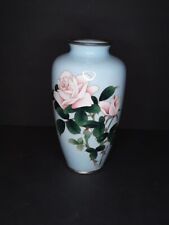 Japanese Ando Blue Ground Pink Rose Vase Chromed Rim and foot