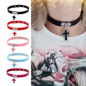 15.7 in Buckle Adjustable Punk Gothic PU Leather Choker Cross Pendant Necklace - Picture 1 of 12
