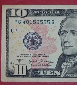 $10 Ten Dollar Bill Serial Number PG40155555B Series 2017A Five 5's Together - Picture 1 of 4