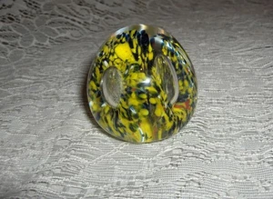 Vintage Art Glass Yellow Designs Clear Teardrops Mini Paperweight - Picture 1 of 1
