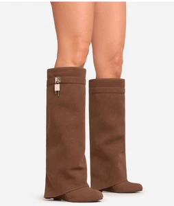 New EGO I-AM-THE-ONE PADLOCK DETAIL WEDGE HEEL KNEE HIGH BROWN SUEDE BOOT Sz 6 - Picture 1 of 6
