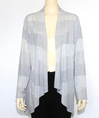 Cárdigan Chico’s Gris Metálico Rayas Alto y Bajo Frente Abierto Manga Larga Talla 3 Foto 1 de 4