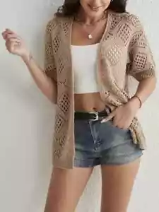 Eyelet Knit Cardigan, Casual Open Front Short Sleeve Sweater, Women's Clothing - Picture 1 of 5