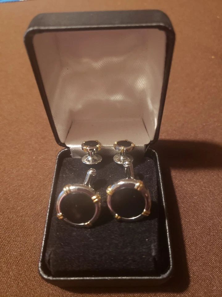 Gemelos Geoffrey Beene en forma de hexágono tono plateado y ónix nuevos sin caja con oro Foto 1 de 4