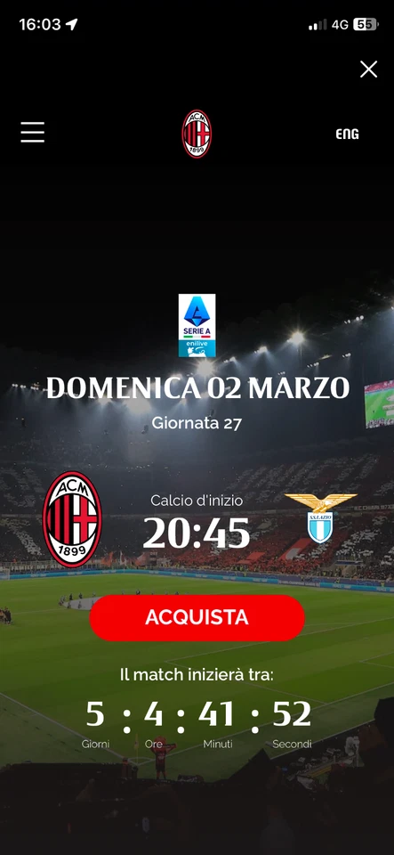 2 biglietti MILAN-LAZIO secondo anello blu solo CRN 50€ l’uno - Immagine 1 di 1