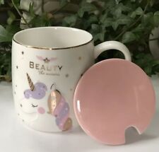 Beauty the Unicorn Cup 10 Oz Mug Purple Pink  Gold Stars Handle w/Lid Spoon Hole